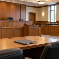 Empty courtroom with a raised judicial bench, jury seating and counsel tables