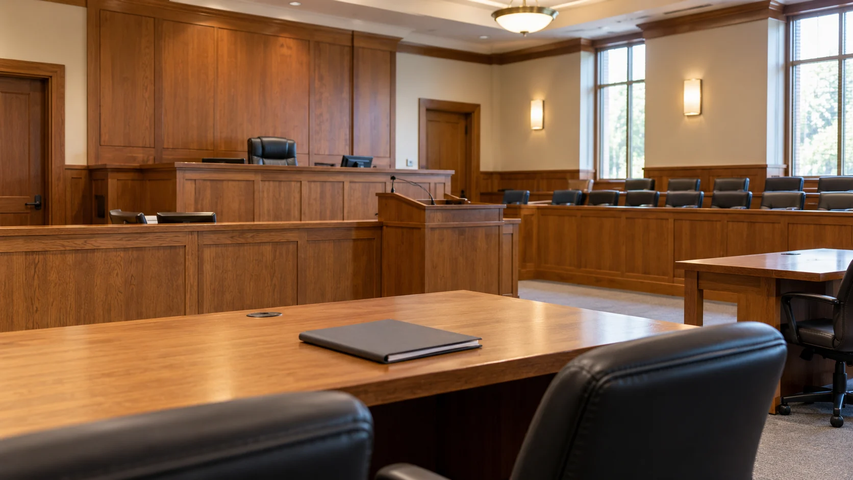 Empty courtroom with a raised judicial bench, jury seating and counsel tables