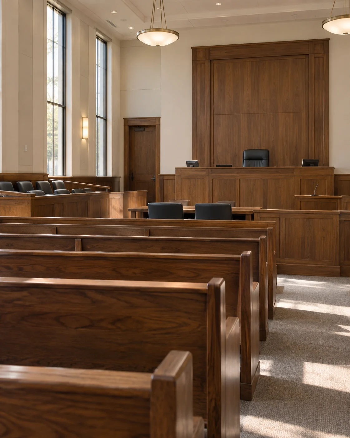 DeChant Law Mission | Photorealistic Courtroom AI-generated courtroom scene with wooden benches and natural daylight.
