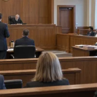 Defense attorney addressing a judge during an American criminal court hearing