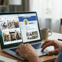 Man browsing social media on a laptop Man using a laptop displaying social media feeds and profile pages