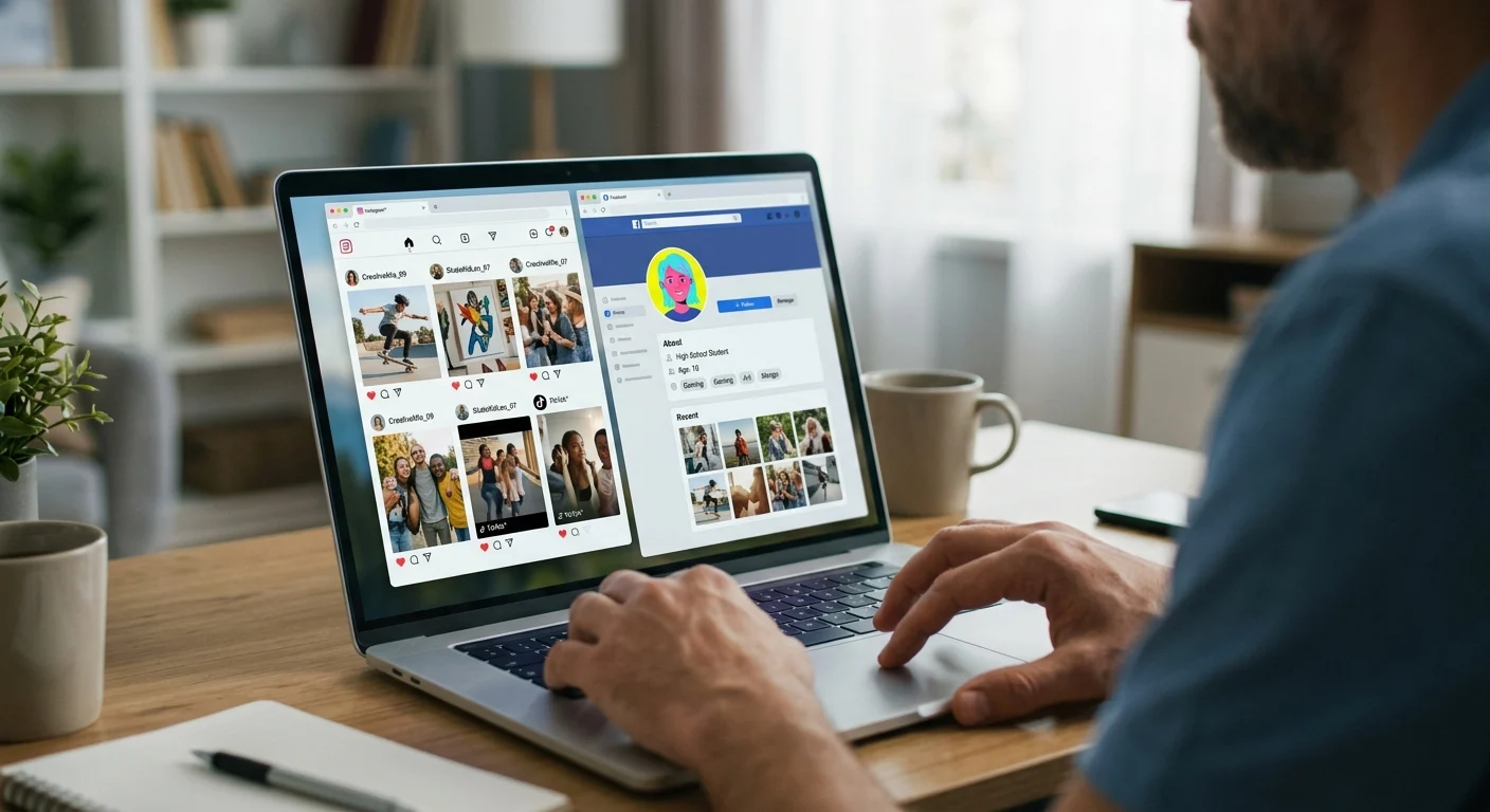 Man using a laptop displaying social media feeds and profile pages
