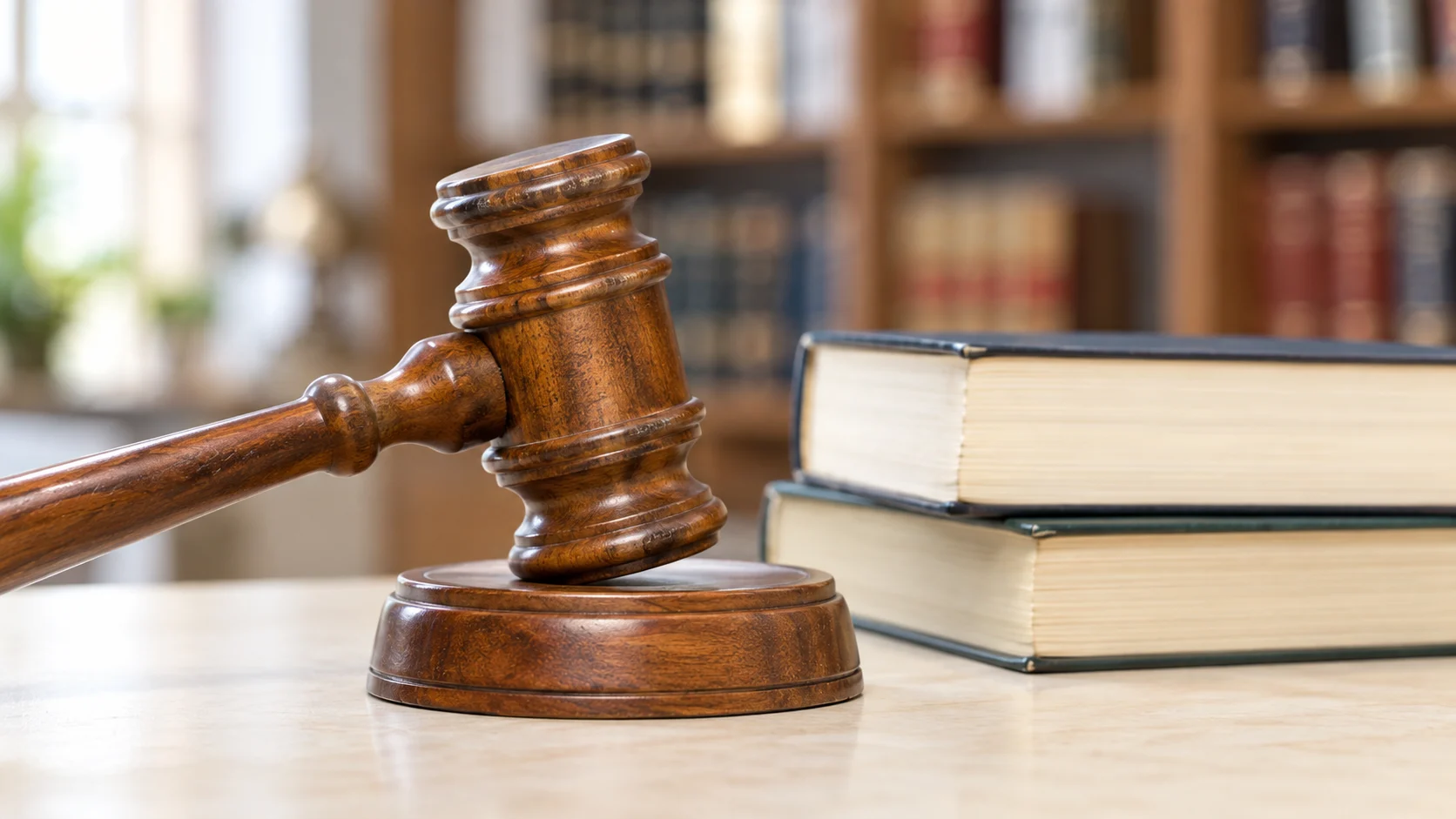 Wooden judicial gavel on its sound block beside two law books