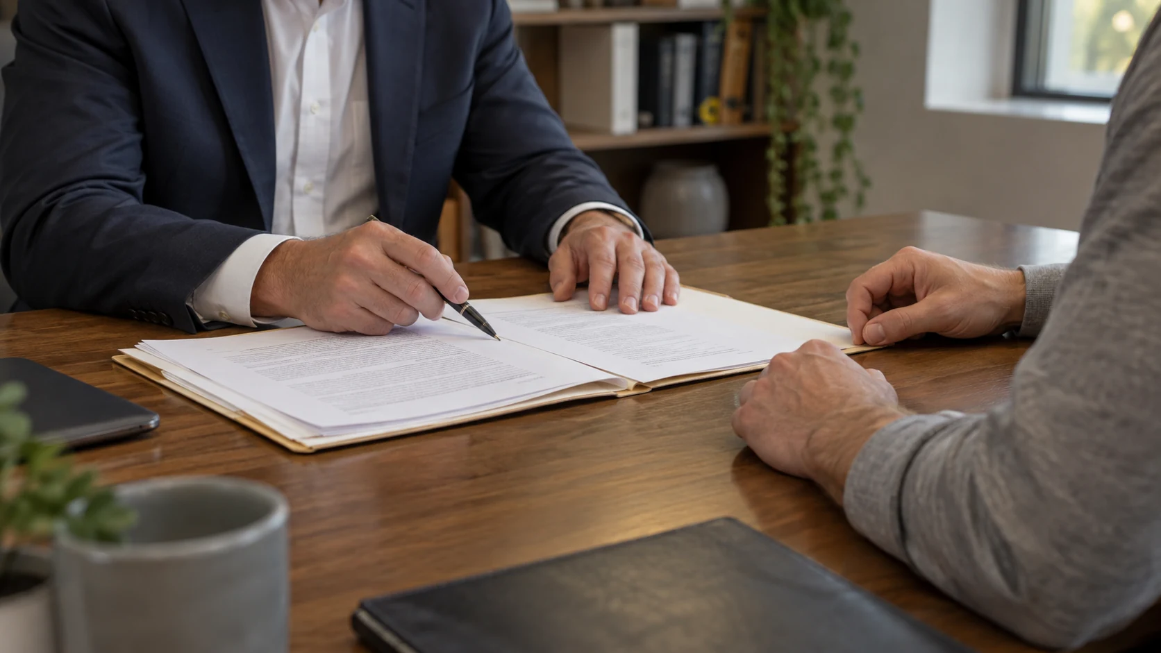 Attorney and client reviewing a case file at a desk, with faces out of view