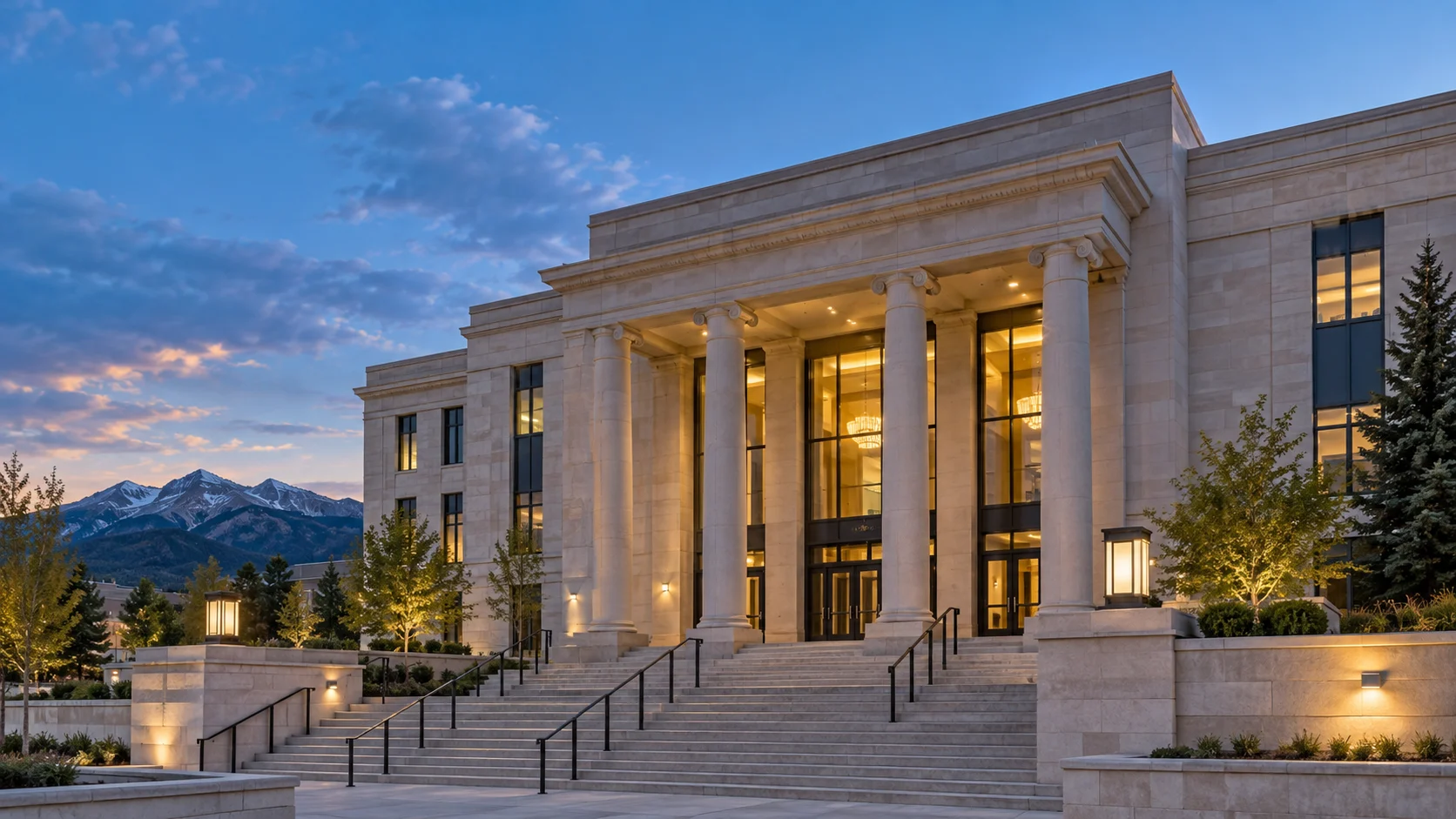 Courthouse exterior at dusk for a guide to unlawful sexual contact in Colorado